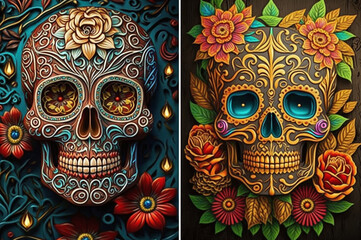 Vibrant colorful skull illustration with intricate details