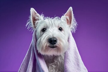 After getting a bath, a cute West Highland White Terrier dog on a purple background. Dog in a towel with soap bubbles around it. The idea of grooming a pet. Write Space. Where to put text. Generative