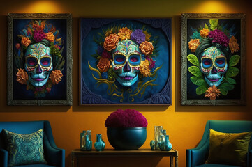 Day of the dead paintings on the orange wall
