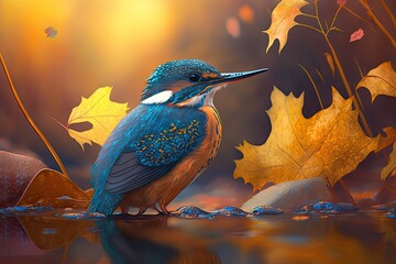 Fototapeta premium Alcedo atthis, a small, colorful bird that is a common kingfisher. In the background, there is beautiful fall light. Blue on the back, and orange in the middle. Scene from the wild. Slovakia Europe