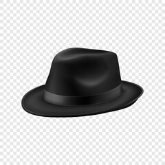 Vector 3d Realistic Black Vintage Classic Gentleman Hat, Cap Icon Closeup Isolated. Front View. Mens Unisex Hat Design Template. Vector Illustration