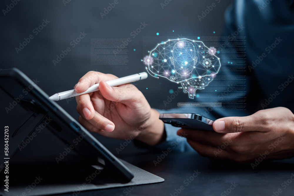 Leinwandbilder Businessman using chat bot intelligence Ai. Chat with AI Artificial Intelligence, developed by OpenAI generate. Futuristic technology, robot in online system...