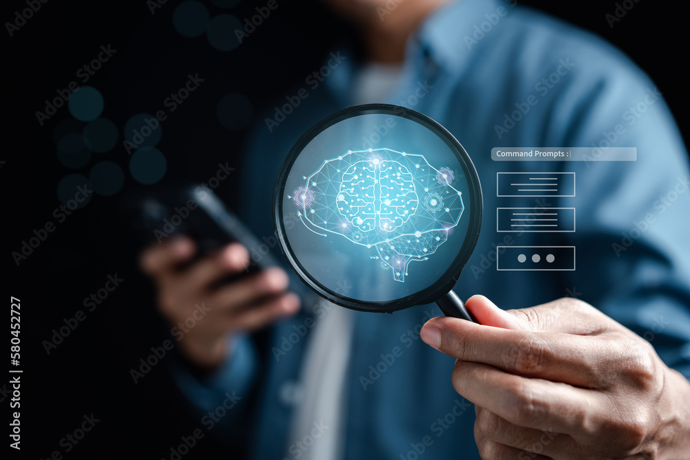 Leinwandbilder Businessman using chat bot intelligence Ai. Chat with AI Artificial Intelligence, developed by OpenAI generate. Futuristic technology, robot in online system...