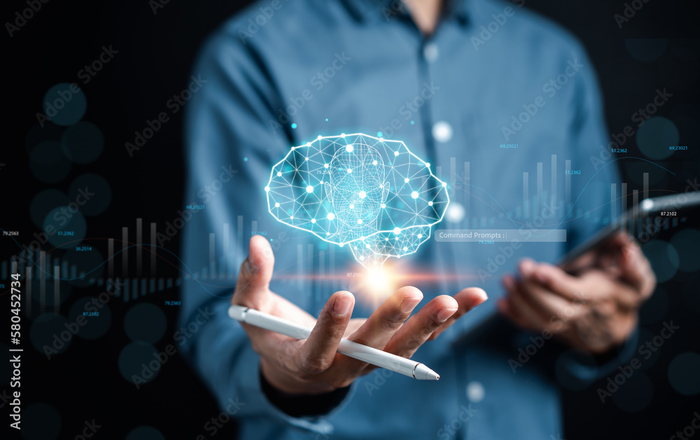 Fototapete Businessman using chat bot intelligence Ai. Chat with AI Artificial Intelligence, developed by OpenAI generate. Futuristic technology, robot in online system...