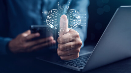 Businessman using chat bot intelligence Ai. Chat with AI Artificial Intelligence, developed by OpenAI generate. Futuristic technology, robot in online system...