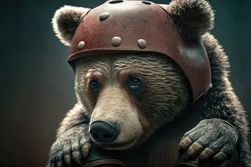 Fototapeten Animals exploitation concept. A sad, tired circus bear is shown up close with leather safety gear. Copy space. Generative AI © AkuAku
