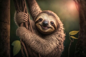 Happy sloth hanging on the tree. Generative AI