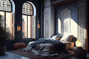 Elegant Moroccan style bedroom interior . AI generated.