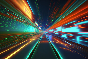 Neon cityscape with moving train