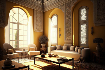 Elegant Moroccan style living room interior with a gold theme. AI generated.