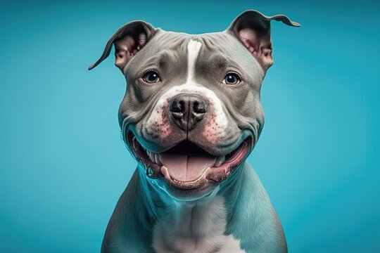 Happy, smiling American bully dog in a picture. Stands out against a blue background. Generative AI