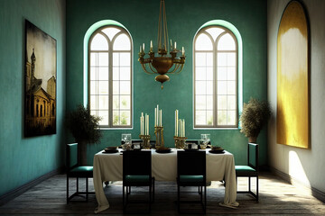 Fototapeta na wymiar Elegant Moroccan style dining room interior with a green theme. AI generated.