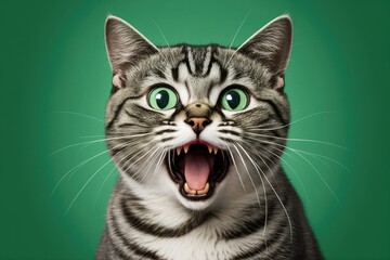 A picture of a funny cat with its mouth open and its eyes wide open on a green background with room for text. Generative AI