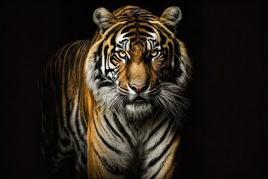 A picture of a lovely tiger. Big cat close up. A picture of a tiger looking at you from the dark. On a black background, there is a picture of a big cat. Generative AI