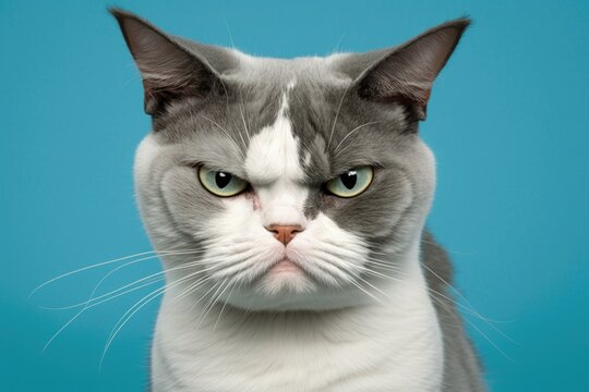 A picture of a gray and white cat looking mad or upset at the camera on a blue background. Generative AI