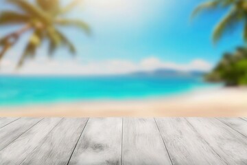 white wooden pier mockup on blurred background of caribbean beach