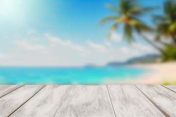white wooden pier mockup on blurred background of caribbean beach