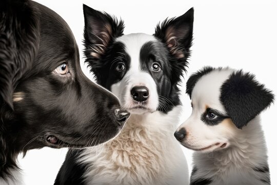 A picture of a puppy, a dog, and caring for animals A white background shows a furry animal with a tongue and a border collie. Animal shelter, mockup for adoption with care, health, and foster dogs wi