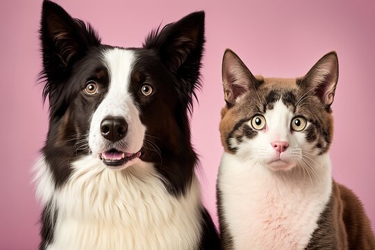 A picture of a tabby cat and a border collie sheepdog looking at the camera in front of a pastel pink background. Generative AI