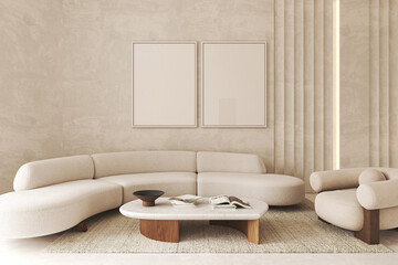 Contemporary classic light beige interior with furniture and decor. Decoration panels with illumination. Mock up stucco wall. 3d rendering. High quality 3d illustration