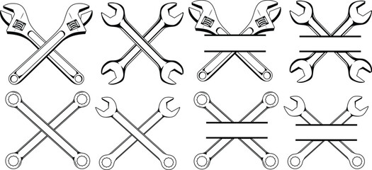 Crossed wrench tool set. Elements for logo, label, emblem, sign, badge.
