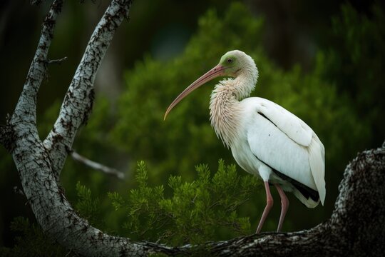 A profile of a young white ibis sitting on top of a tree on Pinckney Island in Hilton Head, South Carolina. Background is green. Generative AI