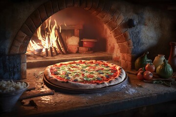 natural vegan pizza on the background of a rustic oven and fire, generative AI - obrazy, fototapety, plakaty