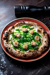unusual pizza with shrimp and seaweed