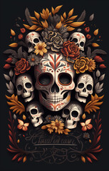 Dia De Los Muertos background. Day of the Dead background. Skulls and flower ornament against black backdrop.