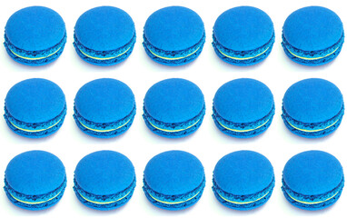 Macaroon on white background, pattern of colorful french macaroon cookies. blue, bright French...