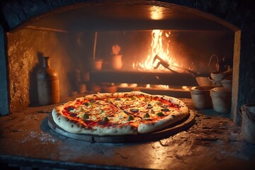 natural vegan pizza on the background of a rustic oven and fire, generative AI