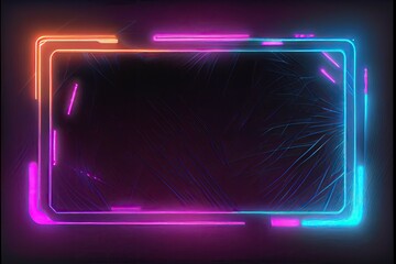 Square rectangle picture frame with two tone neon color motion graphic on isolated black background.  for overlay element. 3D illustration rendering. Empty copy space middle