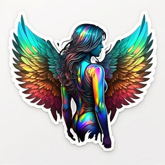 Women with black and gold wings, psychedelic colors on the edges, ultra-realistic, white background, sticker mode