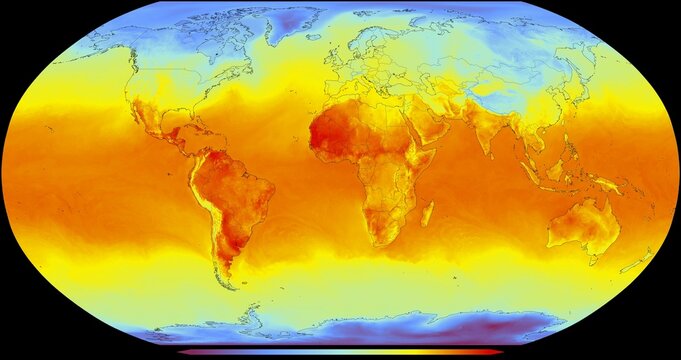 El mapa global representa la temperatura de la superficie de la Tierra en diferentes regiones. La escala de temperatura va desde azules fr&iacute;os, hasta naranjas y rojos c&aacute;lidos