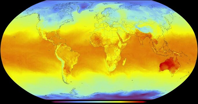 The global map represents the temperature of the Earth's surface in different regions. The temperature scale runs from cool blues (lower temperatures) to warm oranges and reds (higher temperatures).