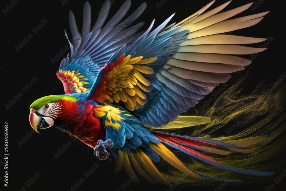 Poster Flying Ara, a beautiful parrot with bright colors, on a dark background. Generative AI