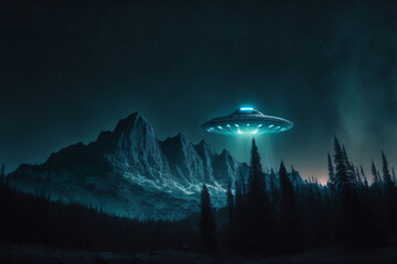 Fototapeta na wymiar UFO flies and glows at night over the forest in the mountains.