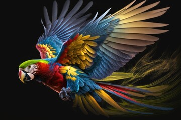 Obraz premium Flying Ara, a beautiful parrot with bright colors, on a dark background. Generative AI