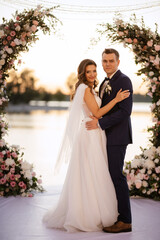 bride and groom against the backdrop of a yellow sunset