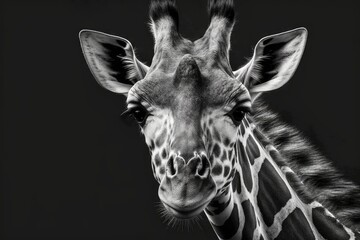 Giraffe in black and white, wildlife animal portrait. Generative AI