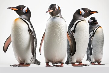 Fototapeta premium Gentoo penguins standing alone against a white background. Generative AI