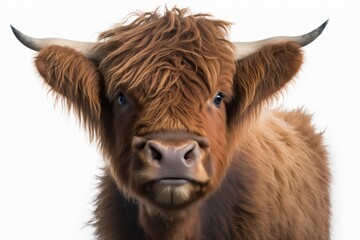 Headshot of a highland cow on a white background. Generative AI - obrazy, fototapety, plakaty