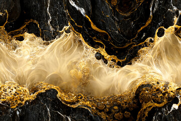 Dripping molten black marble and gold-accented splashed river pattern, seamless background, continuous wallpaper, generative ai