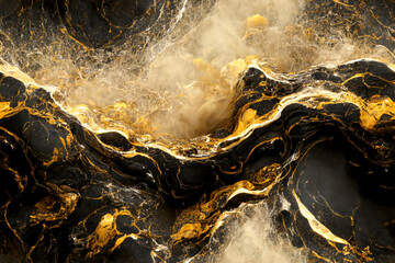 Obraz na płótnie Canvas Dripping molten black marble and gold-accented splashed river pattern, seamless background, continuous wallpaper, generative ai