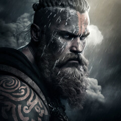 Portrait fictif d'un guerrier viking sous une tempête.
Eclairage dramatique et menaçant. - obrazy, fototapety, plakaty