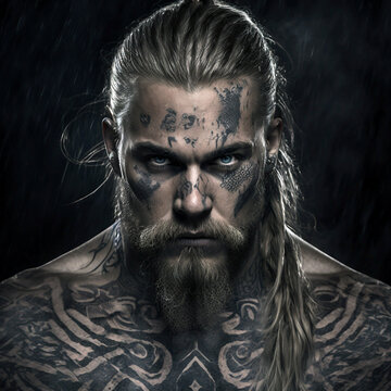 Portrait fictif d'un guerrier viking aux tatouages runiques. Visage nordique vu de face. Lumi&egrave;re dramatique.