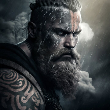 Portrait fictif d'un guerrier viking sous une temp&ecirc;te.
Eclairage dramatique et mena&ccedil;ant.