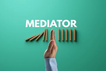 Dominoes falling over, stopped by hand and mediator. The concept of mediation and the use of...