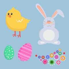 Easter elements set, easter bunny, chick, easter eggs and bright flowers on a blue background.