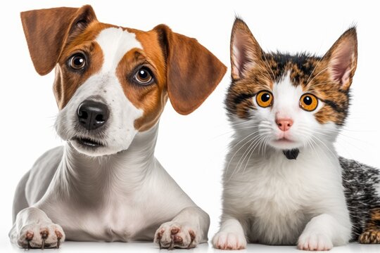 A picture of a cute dog A Jack Russell Terrier and a happy looking cat Scottish Straight, set off against a white background. Generative AI